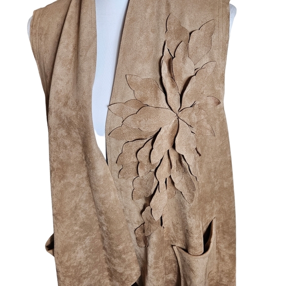 Brown Faux Suede Open Front Drape Vest Sz L Floral Boho Western Cowgirl Festival - Picture 3 of 15